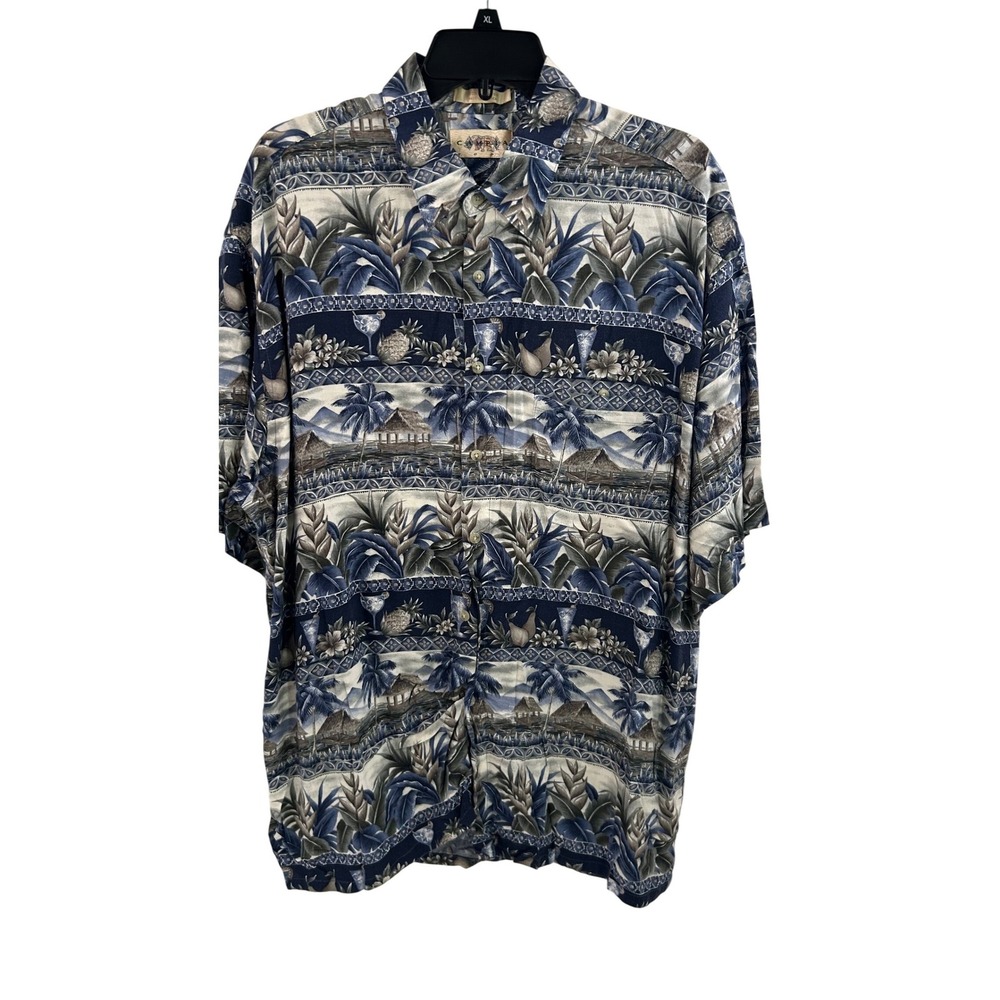 Campia Moda Button Down Shirt XL Blue Tropical Scenic Rayon Mens